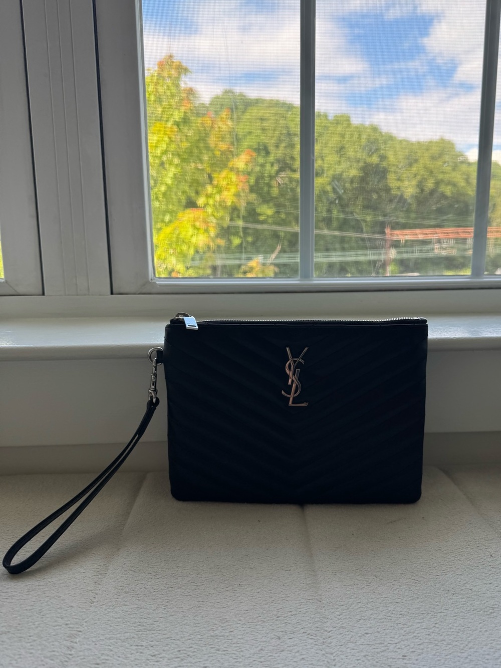 Saint Laurent Black Quilted Wristlet with Silver YSL Logo